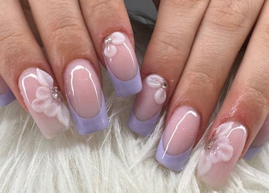 Elegant lavender French tip nails with delicate floral design at Beauty by Lily, Gosnells, Western Australia, AU.