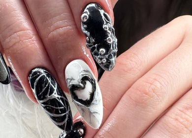 Intricate black and white nail art at Beauty by Lily in Gosnells, Western Australia, AU.