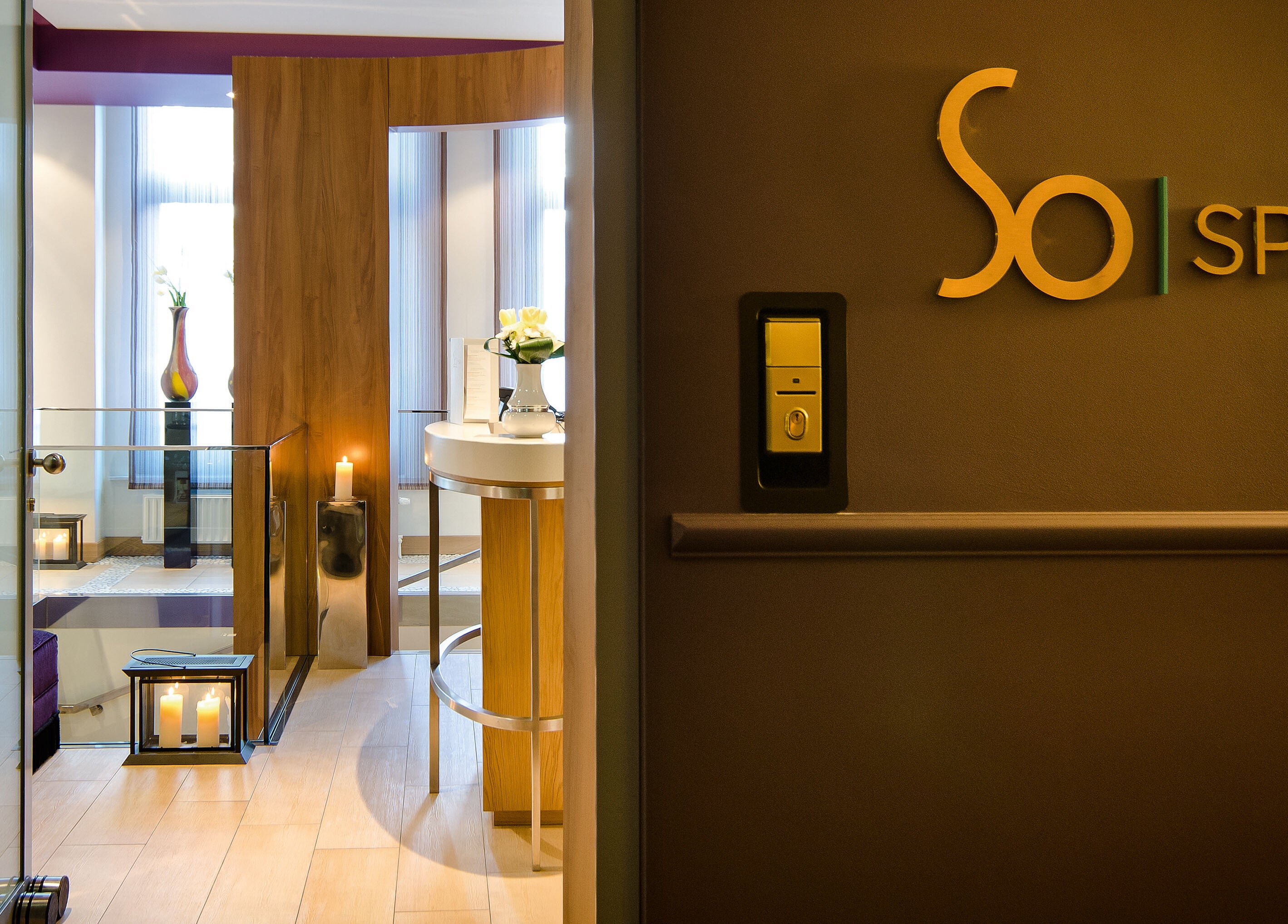 Elegant spa entrance at Sofitel Legend The Grand Amsterdam, Amsterdam, Noord-Holland, NL, with soft lighting.