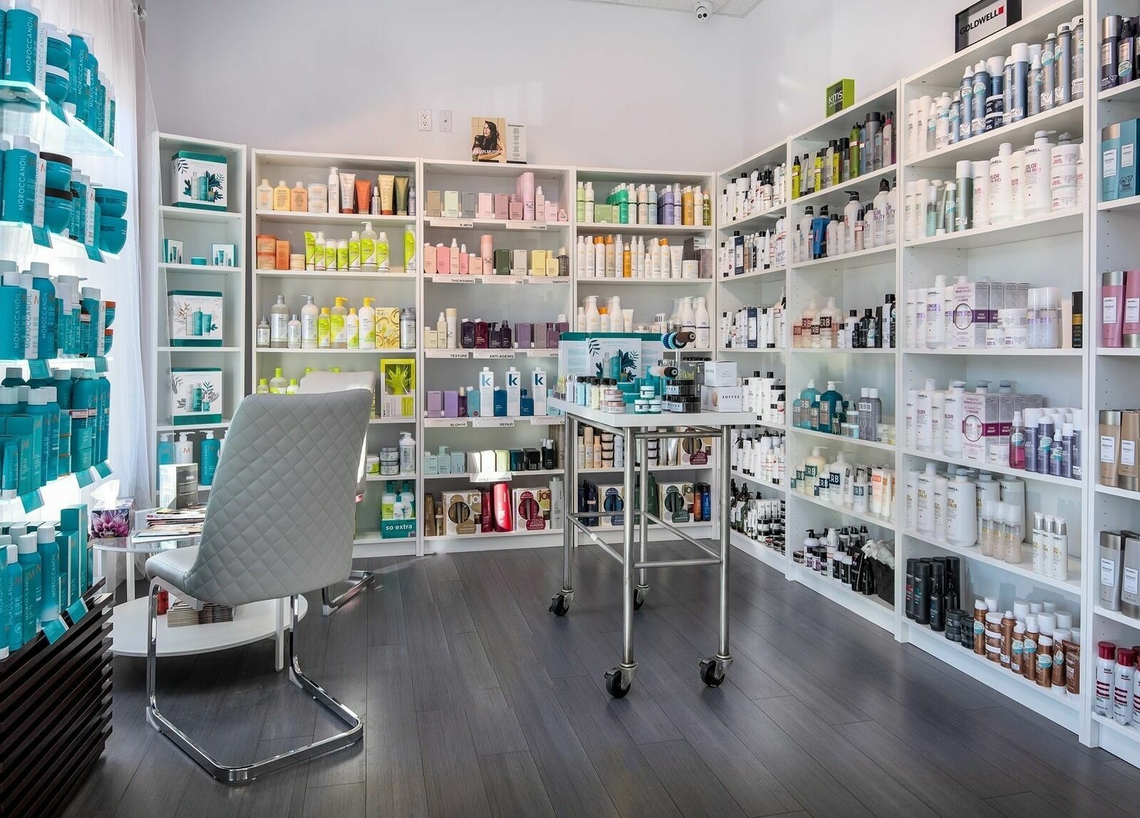 Le Salon Dieppe's stocked product shelves at Dieppe, New Brunswick, CA, featuring diverse beauty brands.