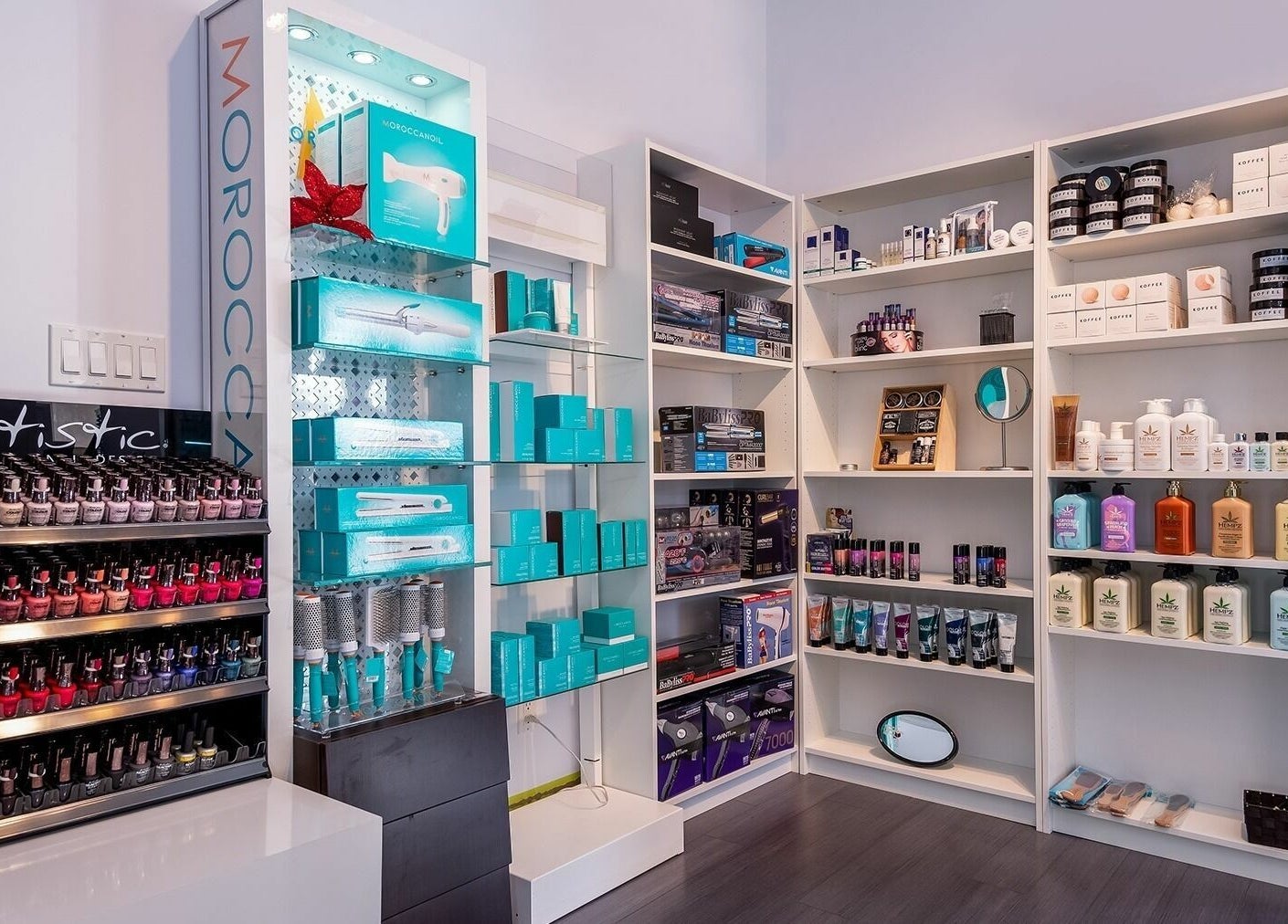 Le Salon Dieppe store shelves with beauty products in Dieppe, New Brunswick, CA.