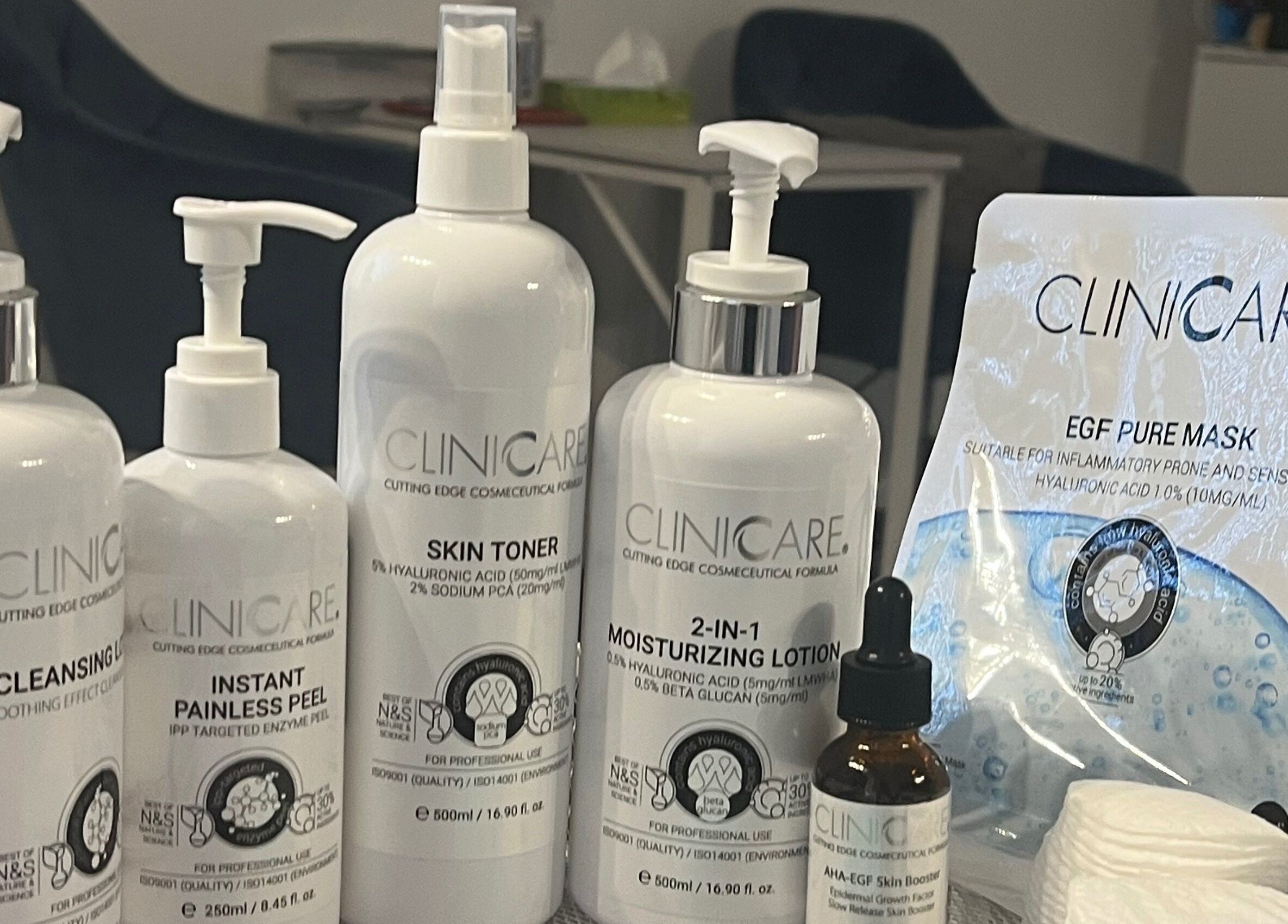 Clinicare skincare products on display at Fresh Faces, Port Erin, Port Erin, IM, showcasing beauty treatments.