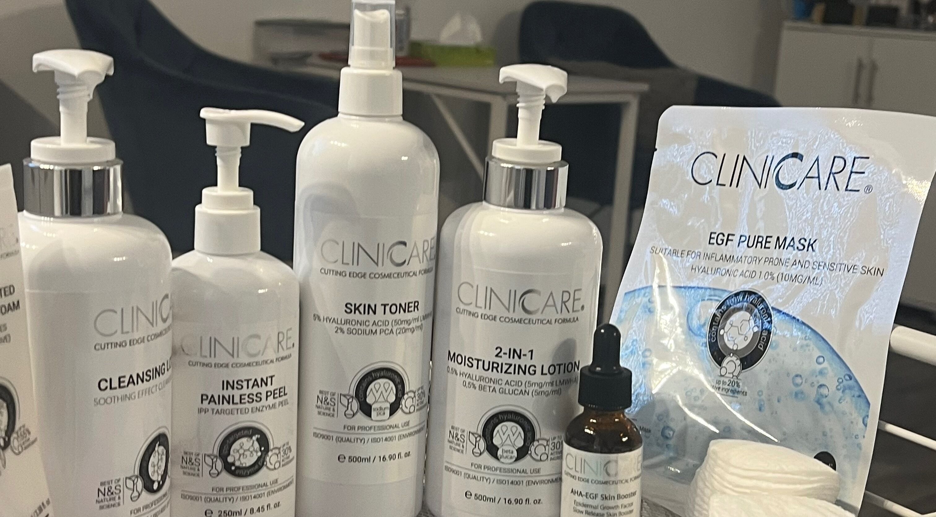 Clinicare skincare products on display at Fresh Faces, Port Erin, Port Erin, IM, showcasing beauty treatments.