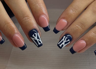 Elegant blue and pink nail art at BIAB BY FREYA, Nuneaton, England, GB.