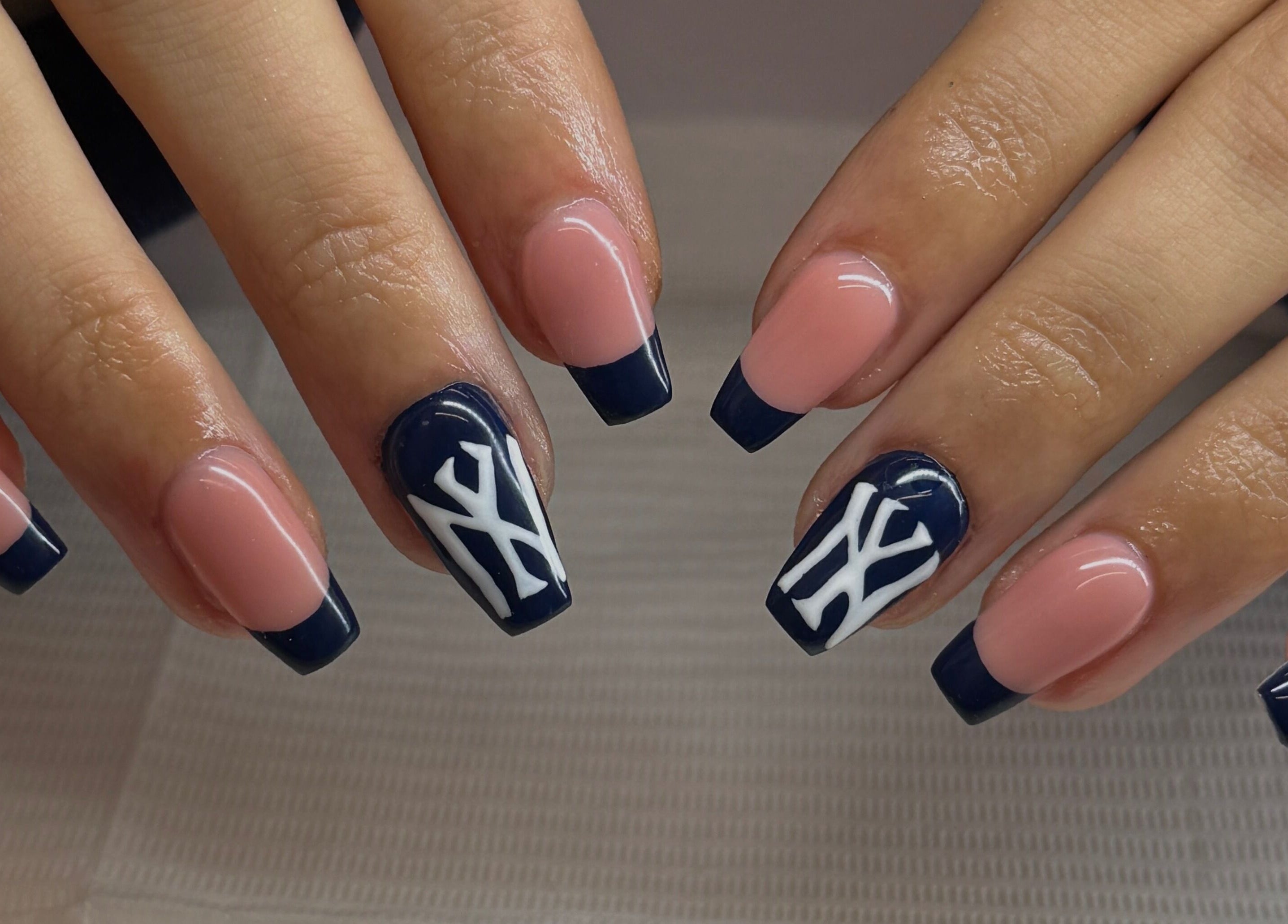 Navy and pink nail art at FLAWLESS - By Freya, Nuneaton, England, GB showcasing elegant design.
