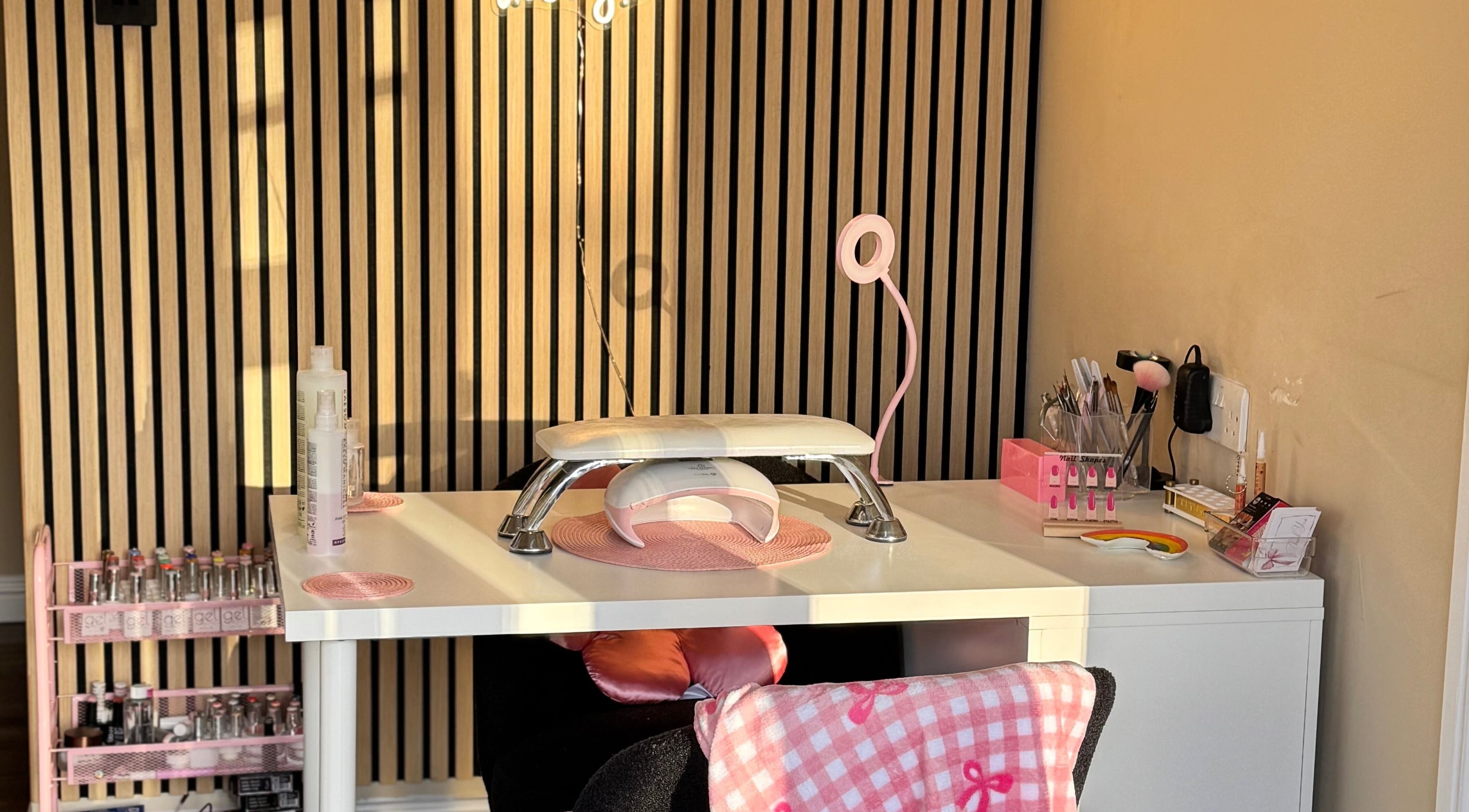 Elegant nail station at K G Beauty, Edinburgh, Scotland, GB with stylish decor and tools for nail care.