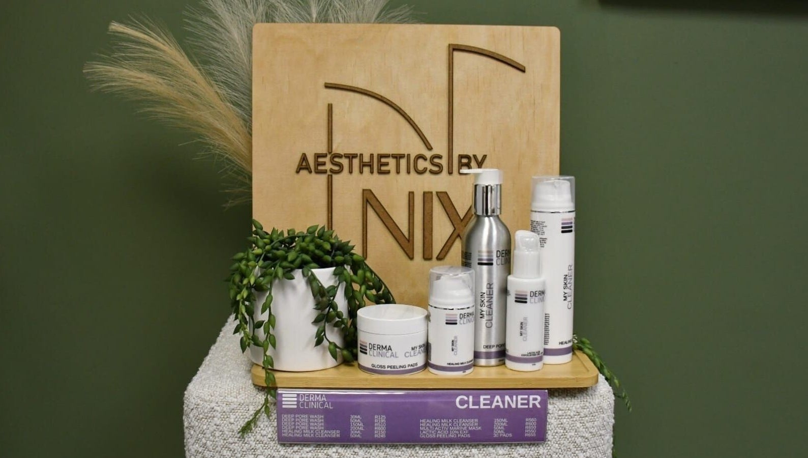 Aesthetics By Nix skincare display with products and greenery in Mbombela, Mpumalanga, ZA.