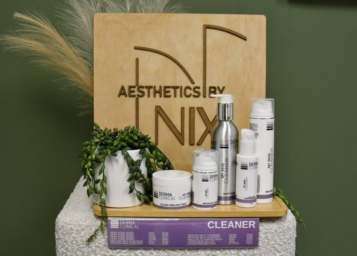 Aesthetics By Nix skincare display with products and greenery in Mbombela, Mpumalanga, ZA.