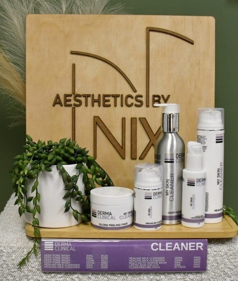 Aesthetics By Nix skincare display with products and greenery in Mbombela, Mpumalanga, ZA.