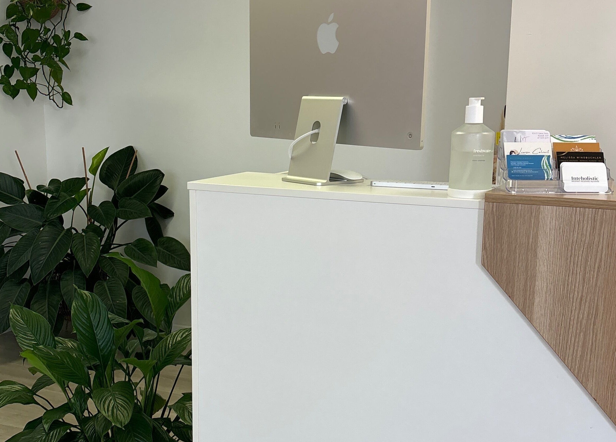 Reception area at Nxt Level Integrated Health Pty Ltd in Bundall, Queensland, AU adorned with lush greenery.