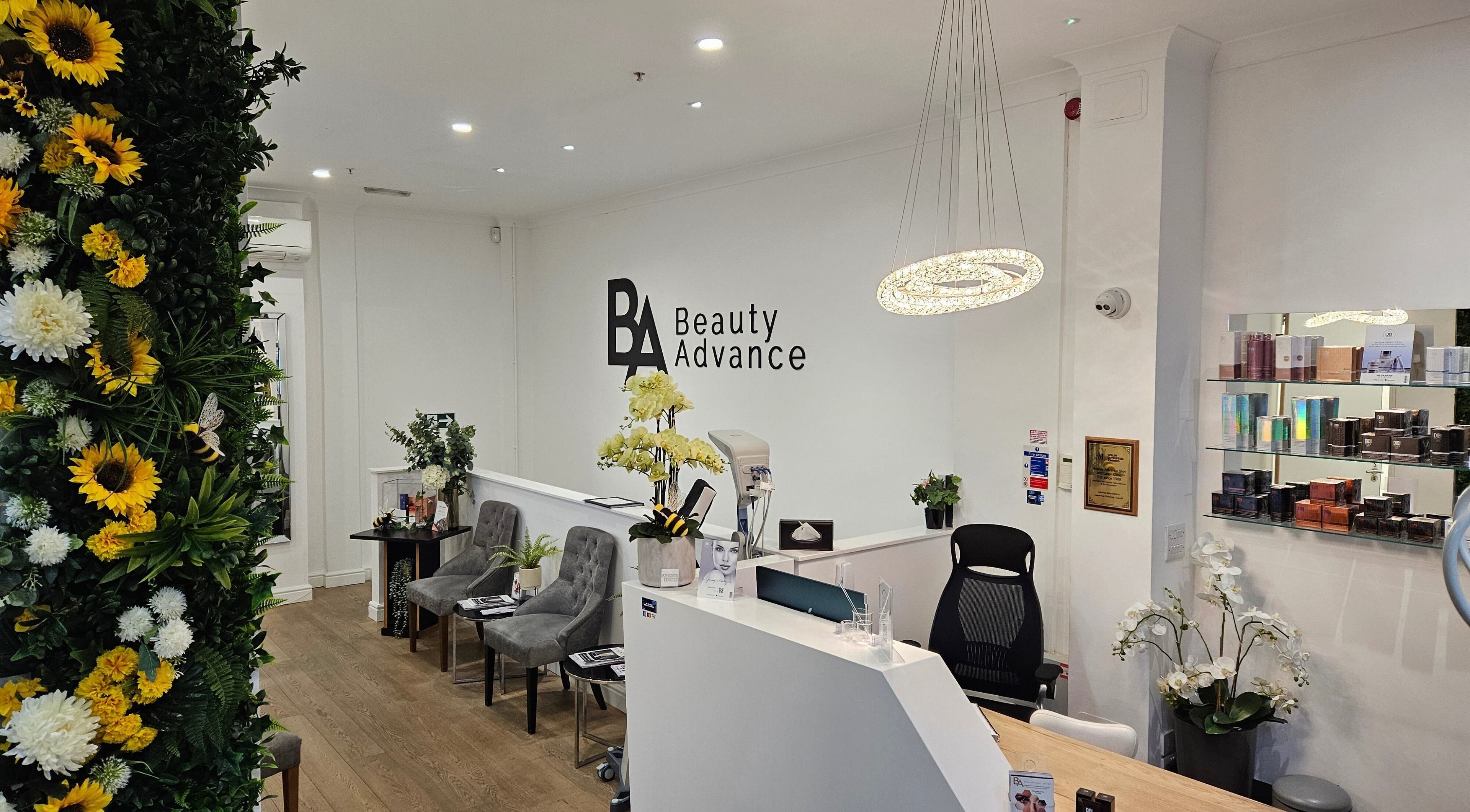 Reception area at Beauty Advance Skin & Laser Clinic, Cardiff, Wales, GB with floral decor and luxury products.