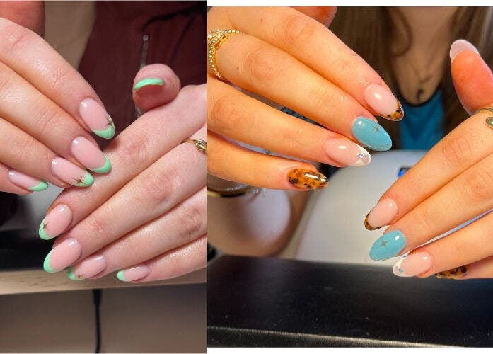 Stylish nail art designs at Nails by Sadhbh, Claremorris, IE, featuring green and blue accents.