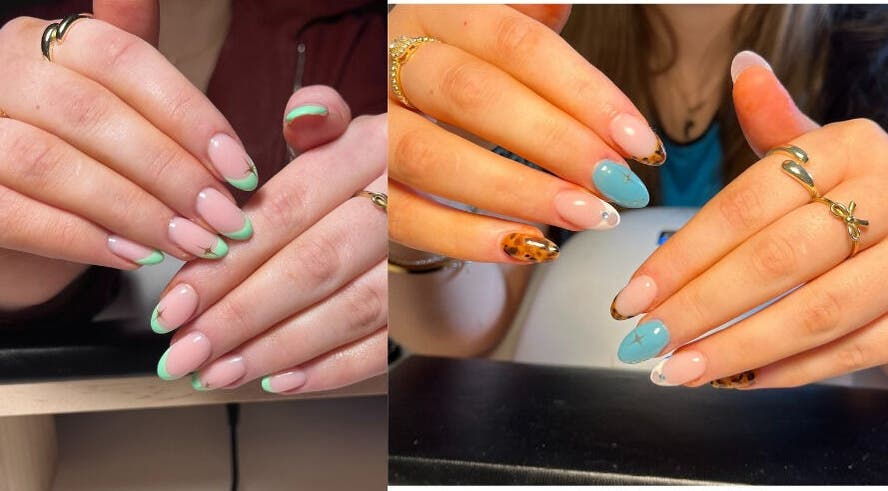 Stylish nail art designs at Nails by Sadhbh, Claremorris, IE, featuring green and blue accents.