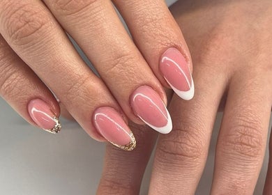 Stylish pink and white manicure at Salon@735 in Pretoria, Gauteng, ZA.