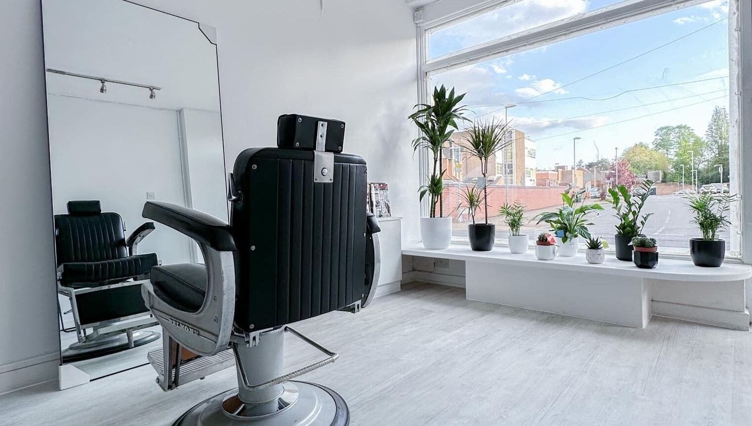 Stylish barber chair and plants at Solomengroomingsalon, Beeston, England, GB with bright natural light.