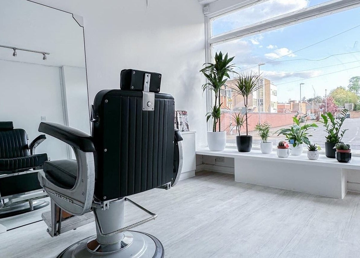 Stylish barber chair and plants at Solomengroomingsalon, Beeston, England, GB with bright natural light.