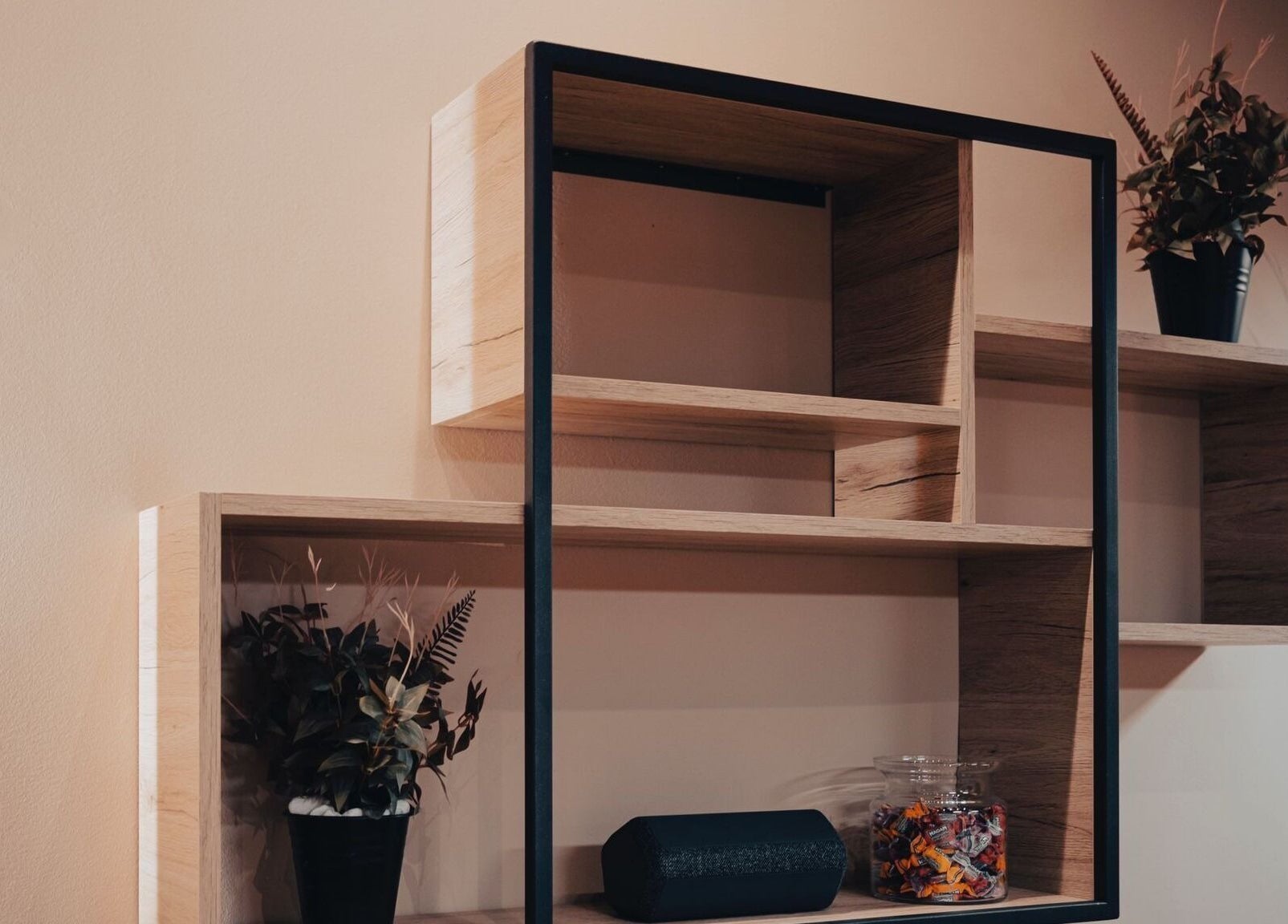 Scaffalatura moderna con piante a Clippers Barbershop, Trescore Balneario, Lombardia, IT.