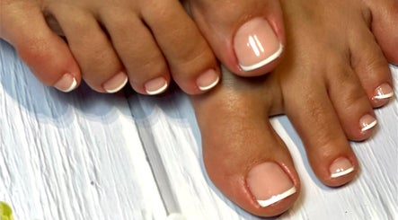 French pedicure at NatTal Beauty in Worcester, England, GB showcasing perfectly manicured toes.