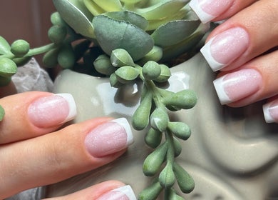 French manicure nails with greenery at NatTal Beauty, Worcester, England, GB.