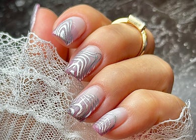 Silver striped nails with lace at NatTal Beauty, Worcester, England, GB for elegant nail design.
