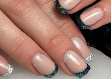 Elegant glittery nail designs at NatTal Beauty, Worcester, England, GB.