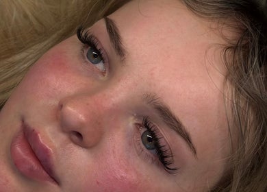 Close-up of a woman's face showcasing lash extensions at AC Lashes, Chandler's Ford, England, GB.