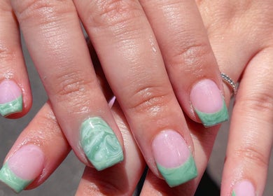 Stylish mint marble nail art at Quinn Nails and Beauty Richmond, Richmond, England, GB.