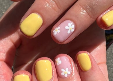 Bright yellow and pink daisy nail art by Quinn Nails and Beauty Richmond, Richmond, England, GB.