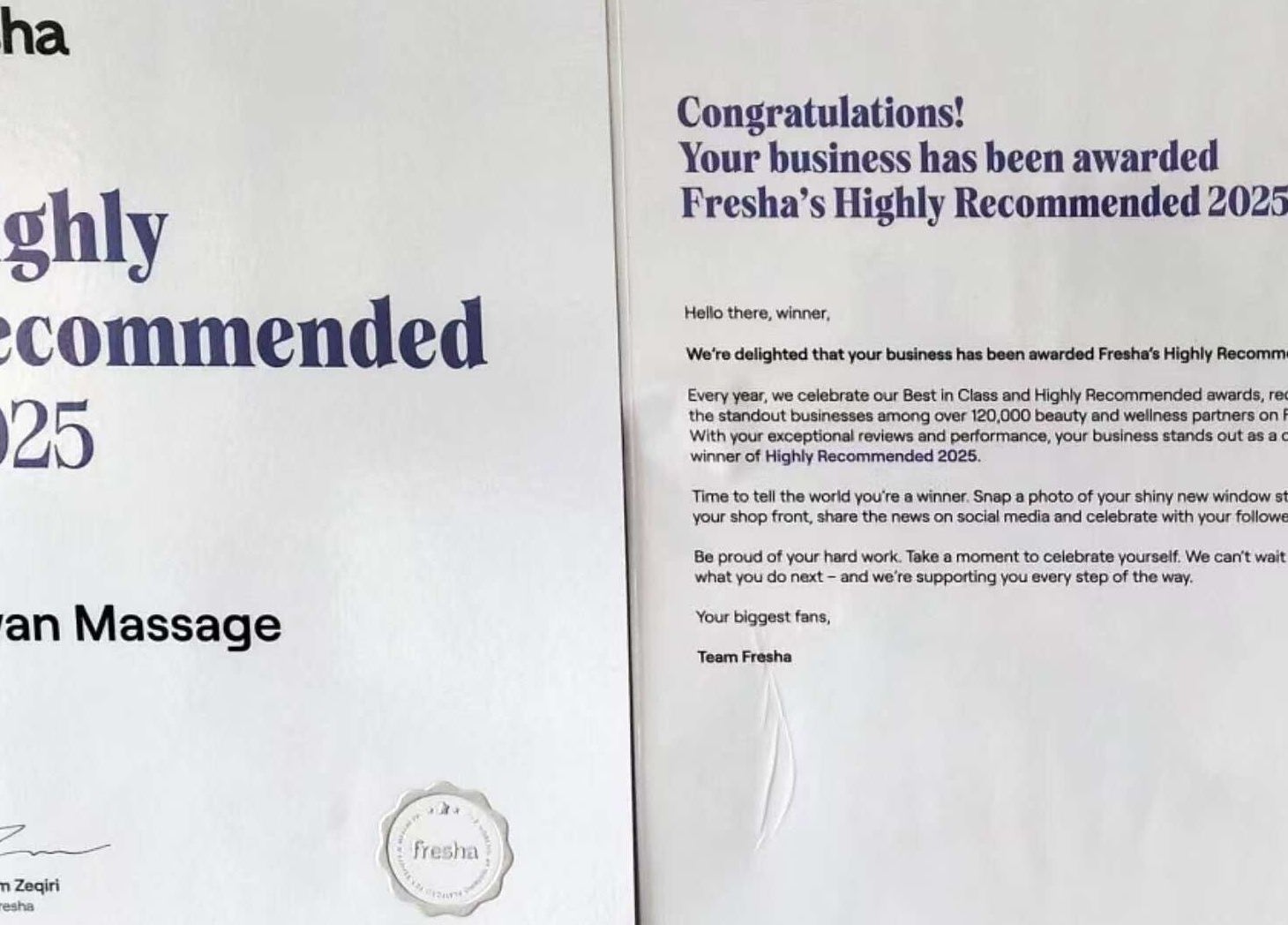 Swan Massage in Osborne Park, Western Australia, AU receives Fresha's Highly Recommended 2025 award.