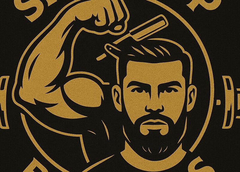 Logo of Shapeup.barbers in Bilston, England, GB featuring a stylized barber with tools and muscular arm.