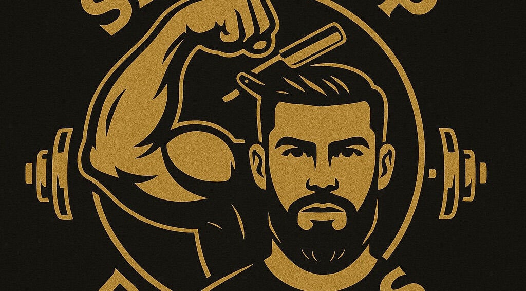 Logo of Shapeup.barbers in Bilston, England, GB featuring a stylized barber with tools and muscular arm.