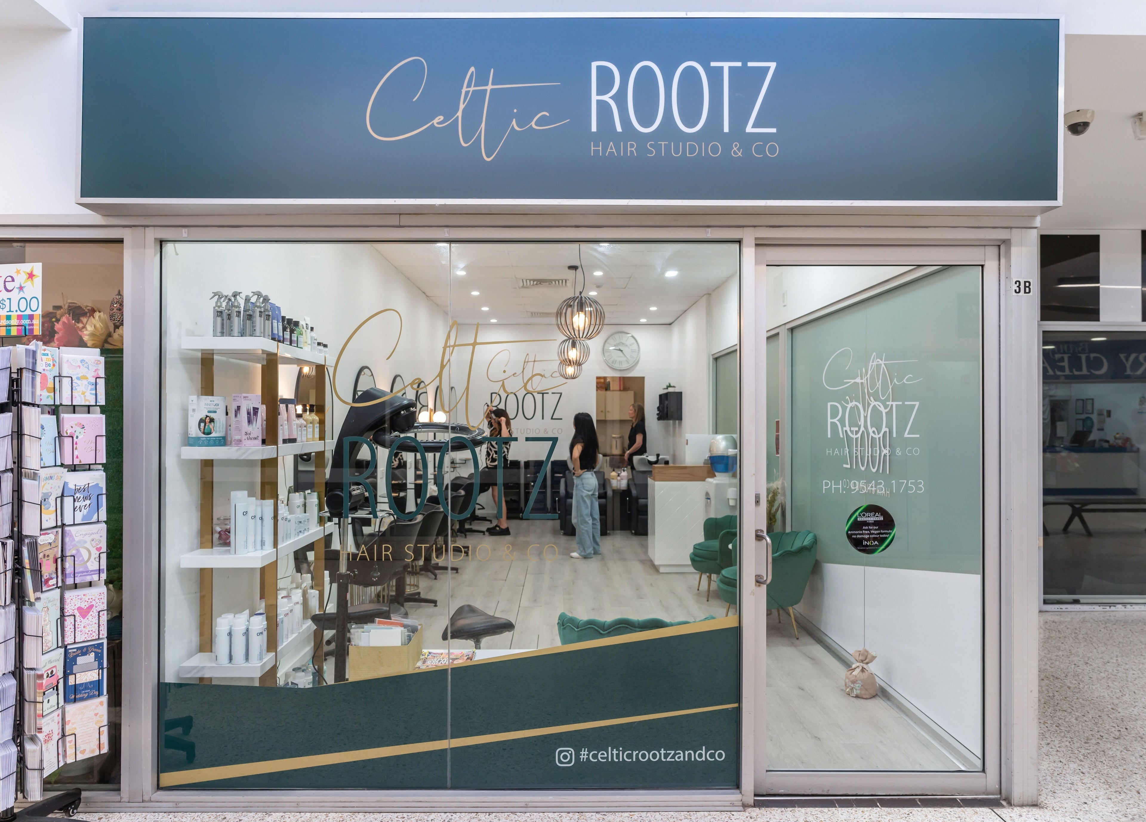 Front view of Celtic Rootz & Co salon at Bangor, New South Wales, AU with stylish interior and product displays.