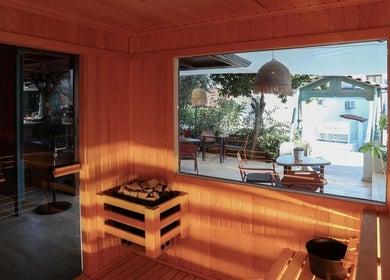 Relaxing sauna interior with garden view at Payam Spa & Wellness, Antalya, Antalya, TR.
