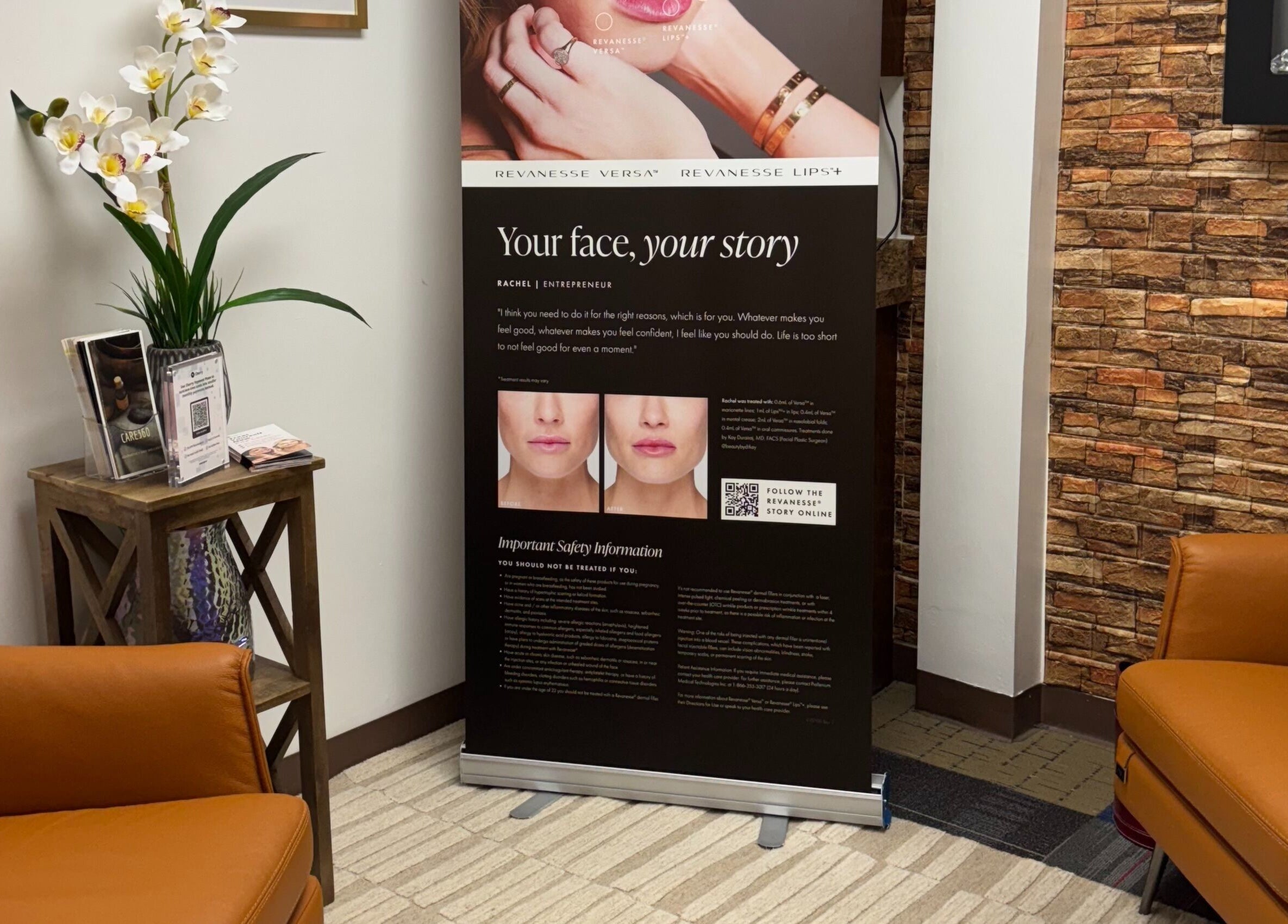 Care360 Aesthetics and Wellness cozy lobby in Lagos, Lagos, NG with stylish decor and an informative beauty banner.