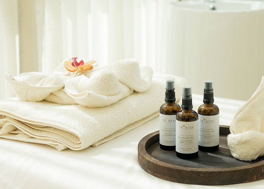 Luxurious spa setup at Zen Spa I زن سبا - Rafa, Riyadh. Towel and oils create a calming ambiance.