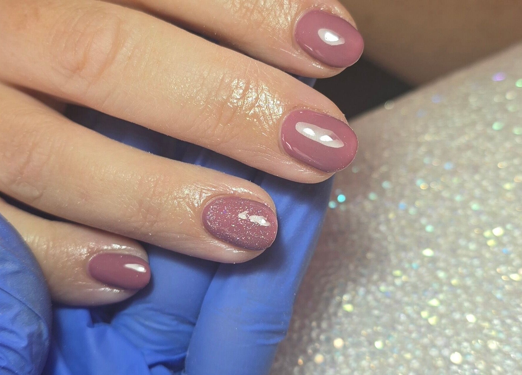 Elegant pink gel nails with glitter accent by Nailed It By Laura, Carluke, Scotland, GB.