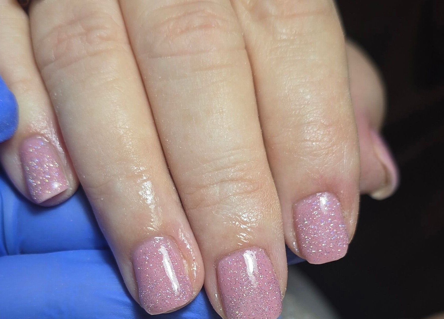 Beautiful pink glitter nails at Nailed It By Laura, Carluke, Scotland, GB. Expert manicure services.