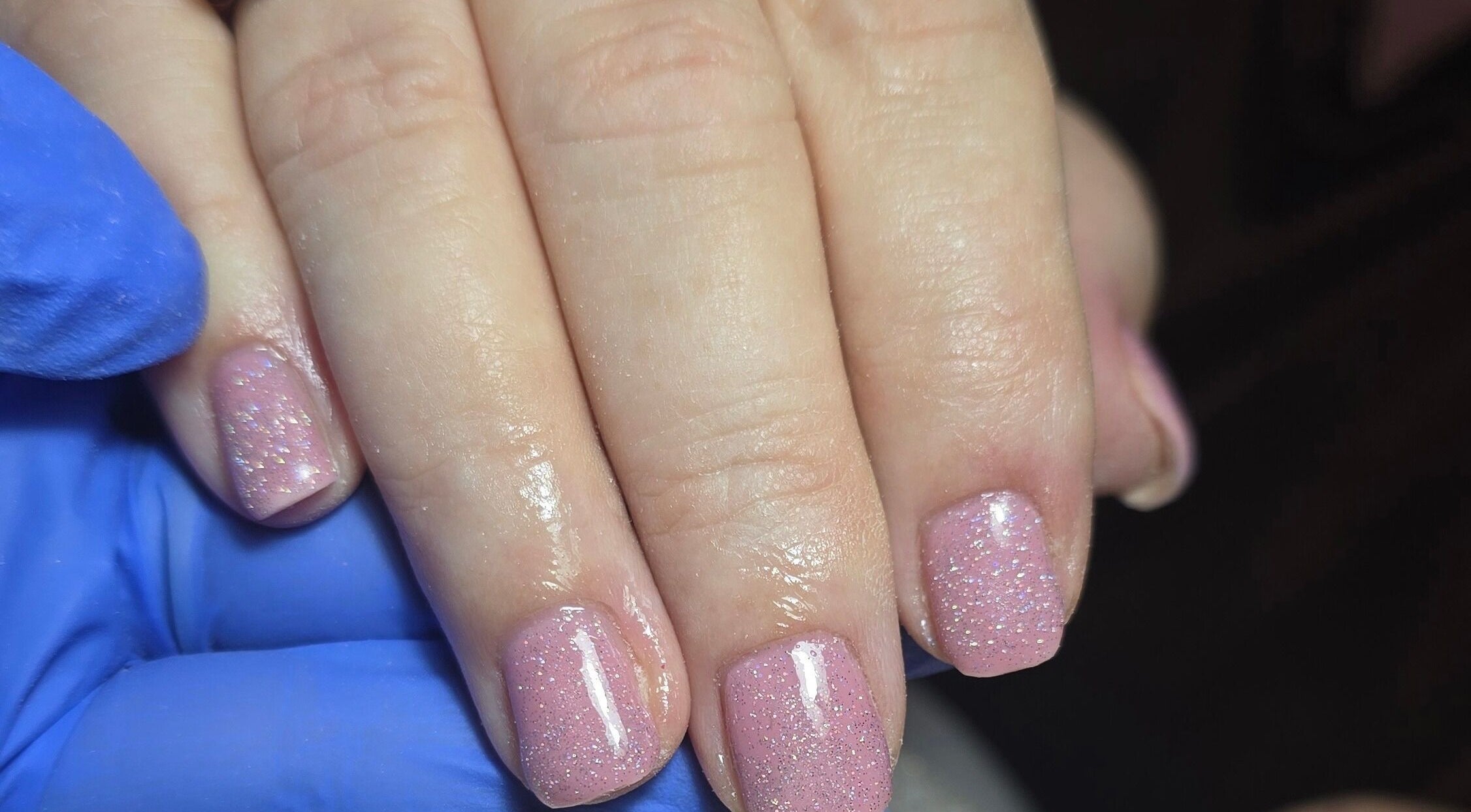 Beautiful pink glitter nails at Nailed It By Laura, Carluke, Scotland, GB. Expert manicure services.