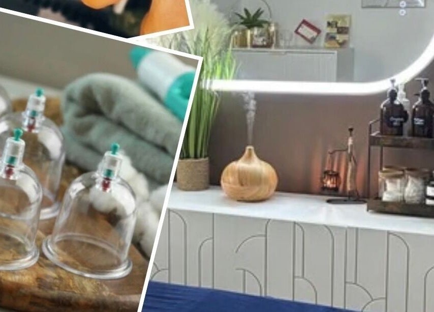 SC Sports Massage in Rugby, England, GB with soothing spa decor and massage equipment.