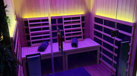 Luxurious sauna with purple lighting at Recover and Refresh, Grafton, New South Wales, AU.
