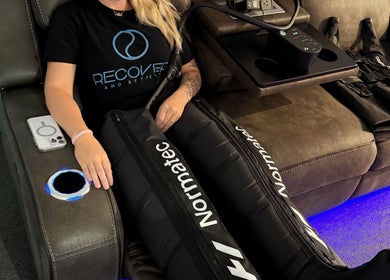 Relaxing leg therapy session at Recover and Refresh, Grafton, New South Wales, AU using Normatec device.