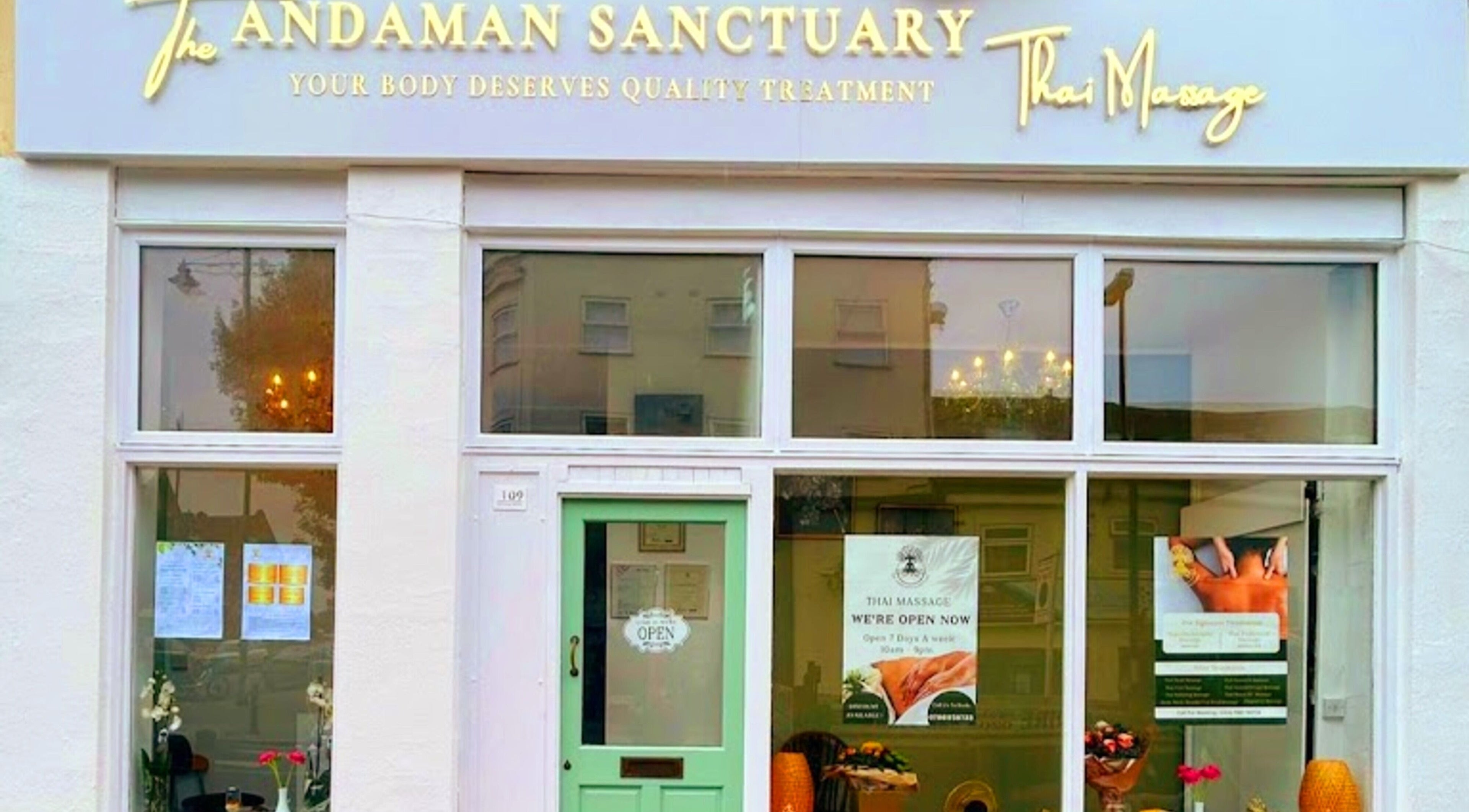 Front view of The Andaman Sanctuary in Twickenham, England, GB, showcasing Thai massage services.