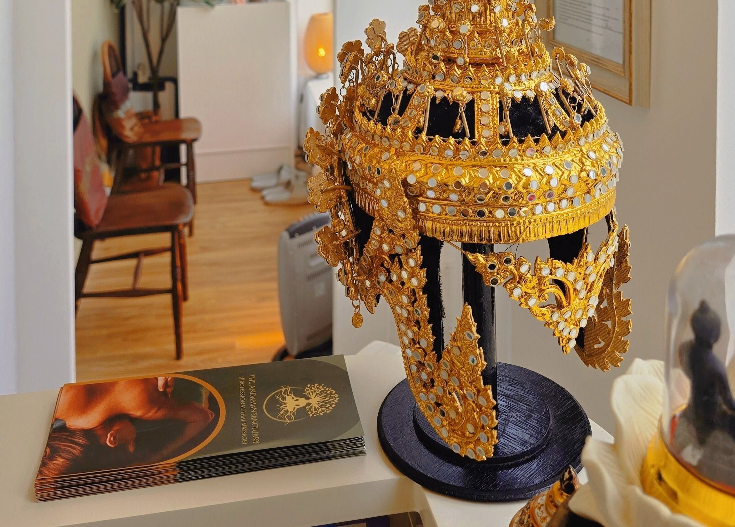 Intricate golden ornament at The Andaman Sanctuary in Twickenham, England, GB.