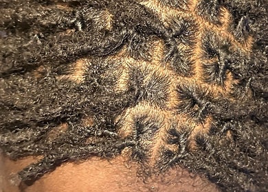 Close-up of intricate locs hairstyle at The Loc Station, Bathgate, Scotland, GB, showcasing expert styling.