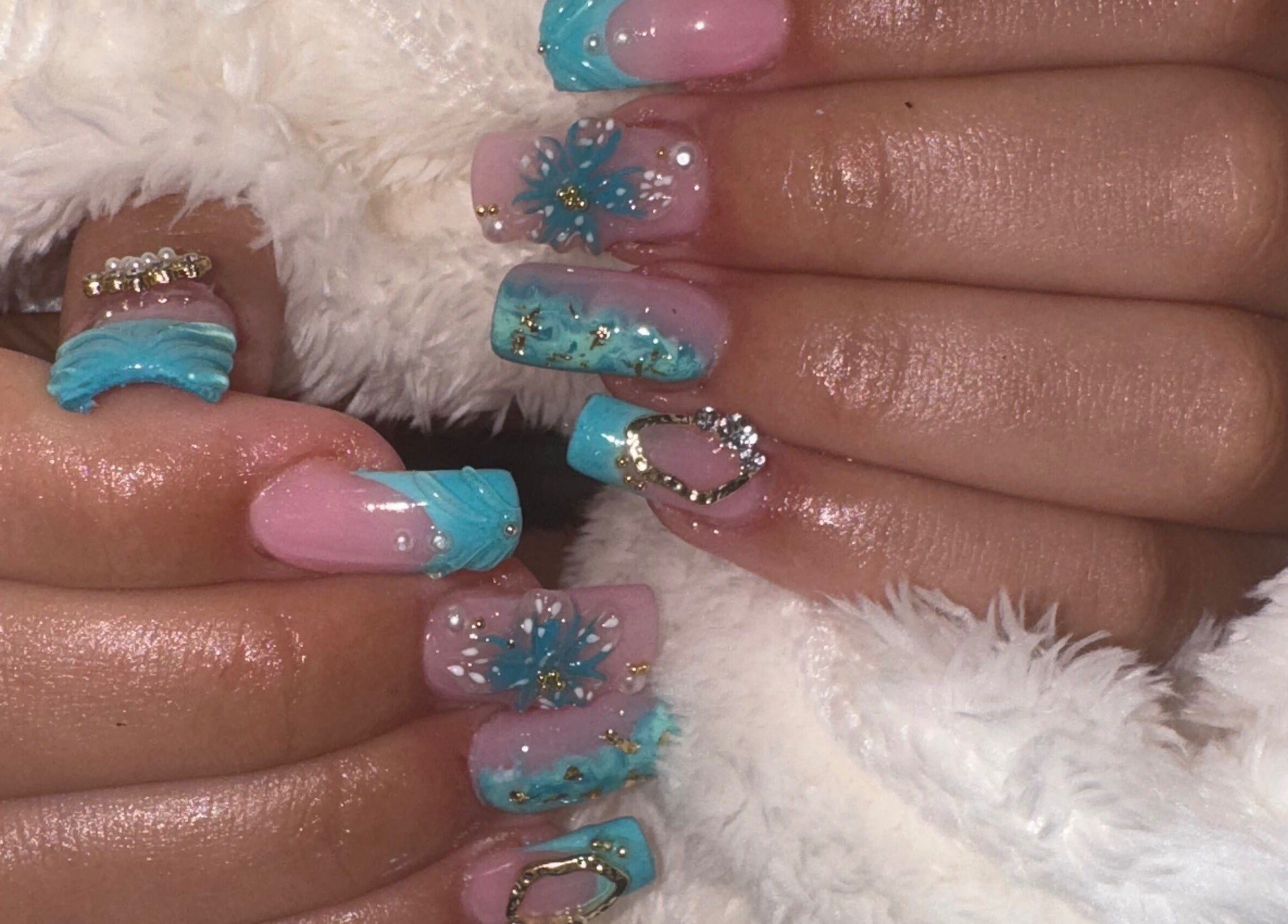 Elegant blue and pink nail art by Your Nail Tech Anna Jones in Middle Rasen, England, GB, featuring floral designs.