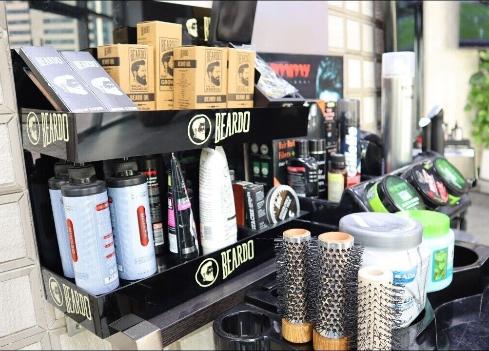 Grooming products display at Sumr Gents Saloon, Dubai, Dubai, AE, featuring Beardo collections.