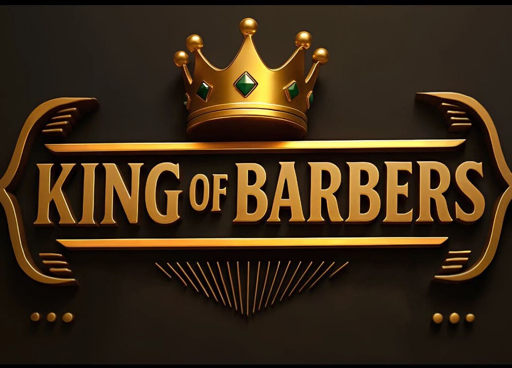 Logotipo dorado de King Of Barbers con corona en Bogotá, Bogotá, CO.