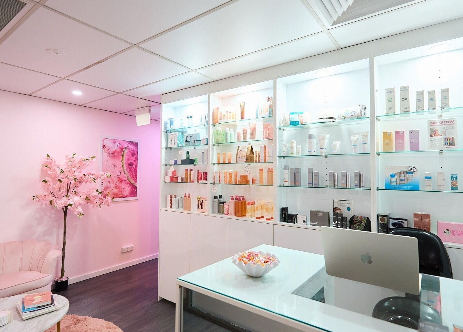 Stylish reception at Beauty Circle, Sydney, New South Wales, AU featuring products and pink decor.