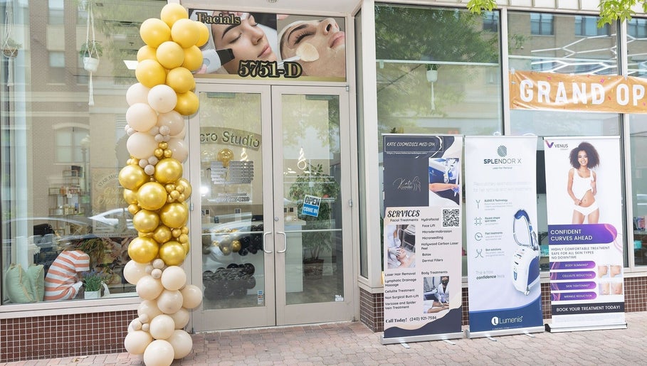 Entrance to 5751 Fishers Ln Unit D, Rockville, MD 20852 adorned with gold balloons, showcasing a wellness venue in Rockville, Maryland, US.