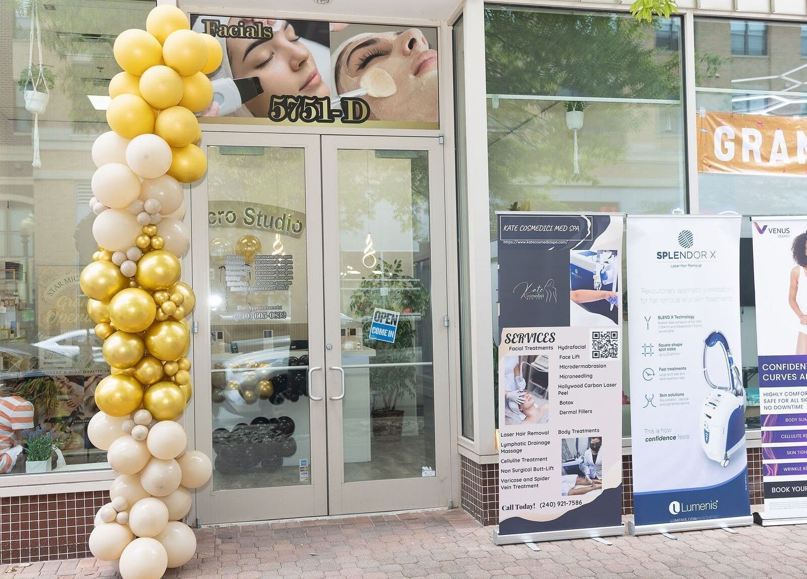 Entrance of Kate Cosmedici Spa - Rockville, adorned with gold balloons in Rockville, Maryland, US.